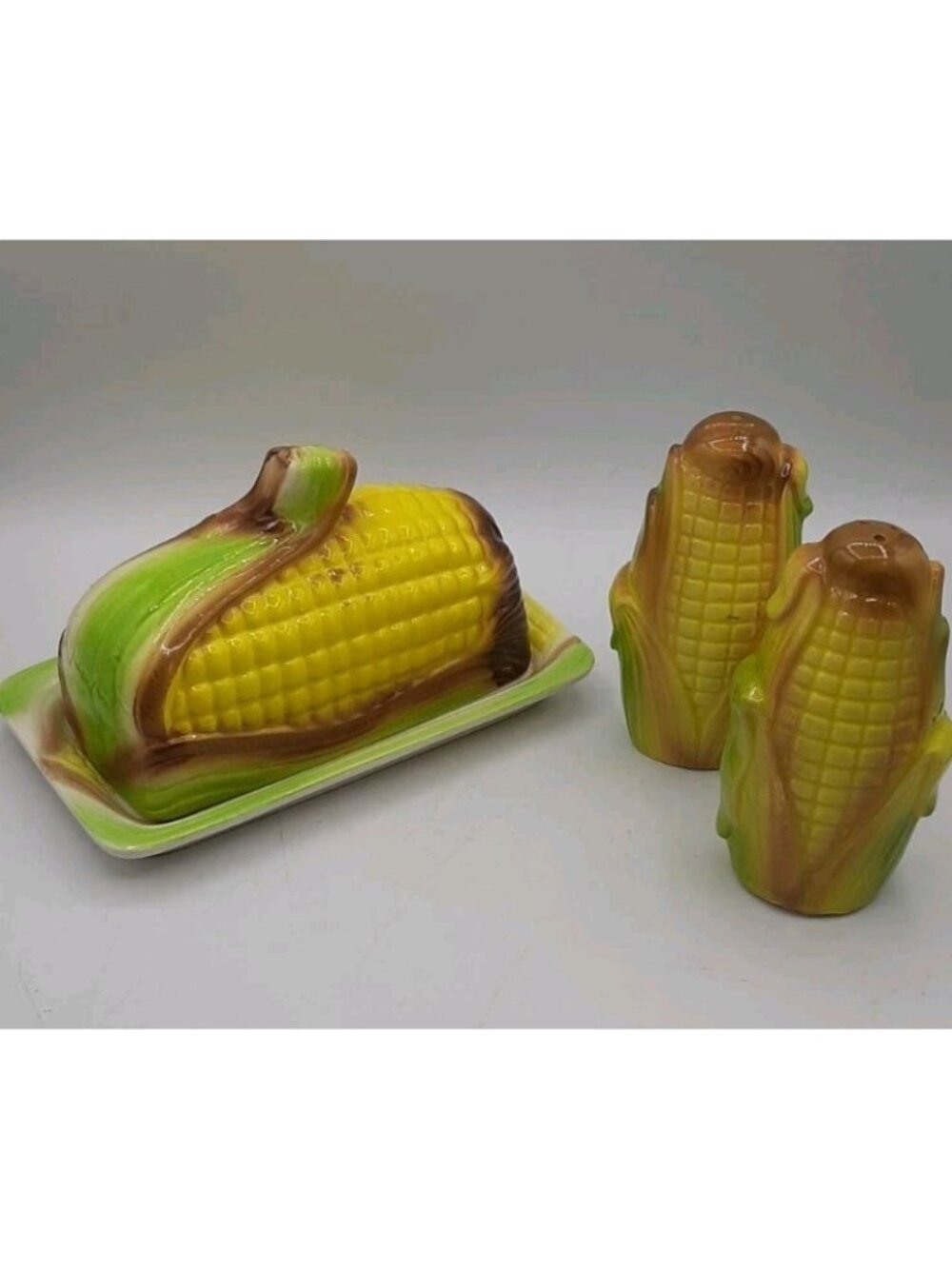 Vintage Ceramic Pottery Corn Cob Butter Dish with Salt and Pepper New in Box